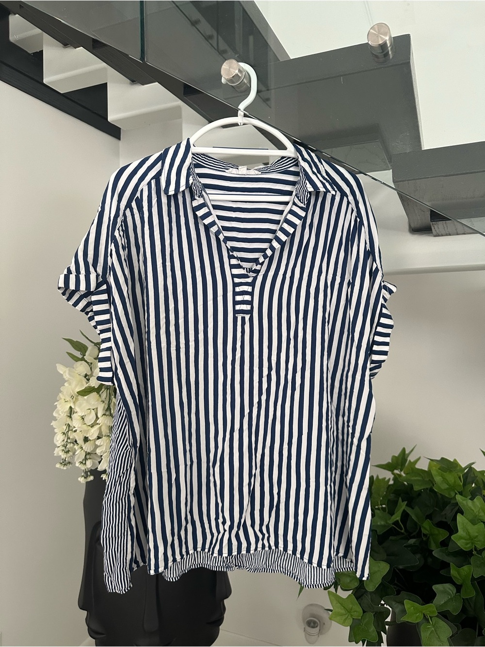 Jane and Delancey Navy and White Vertical Stripe Button-Down Shirt